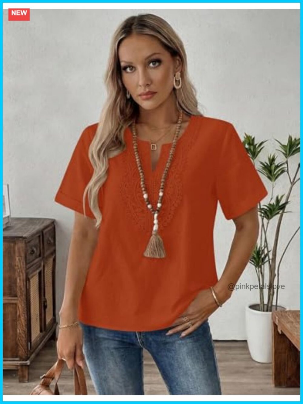 Womens Cotton Linen Tunic Top V-Neck Short Sleeve Lace Detail Loose Fit - Picture 2 of 6